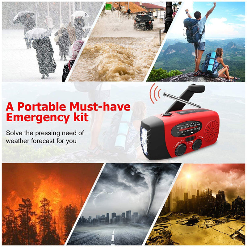 Hand crank radio shown with a collage of outdoor emergency scenes