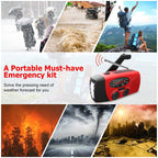 Hand crank radio shown with a collage of outdoor emergency scenes