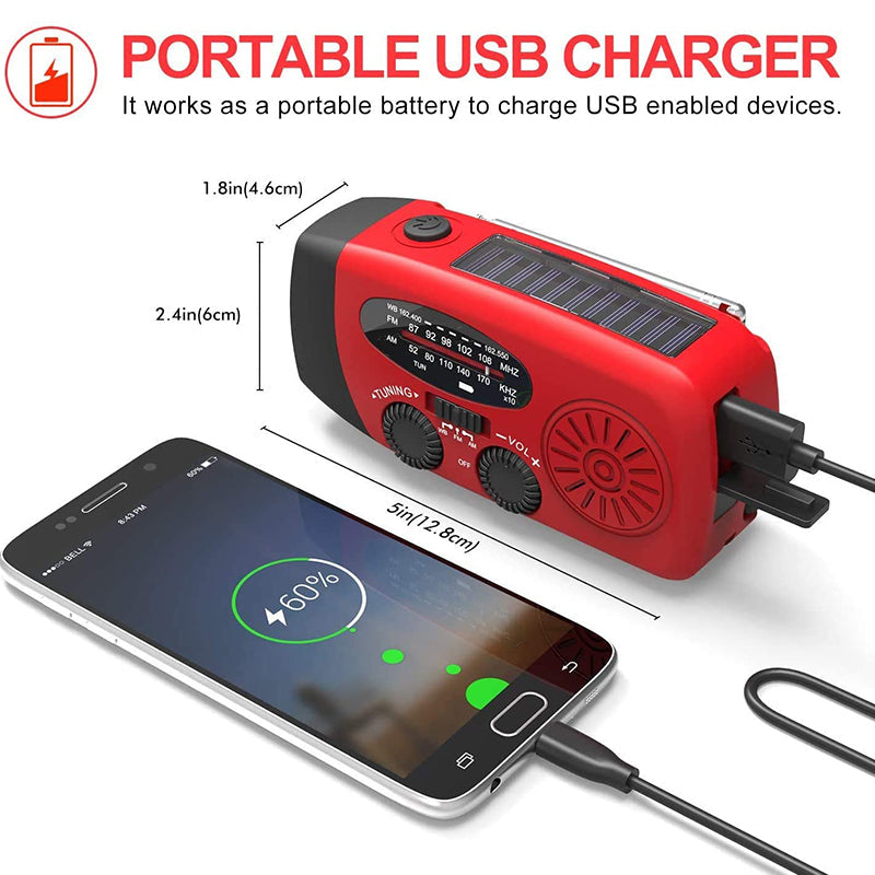 Hand crank radio connected to a phone in a charging illustration