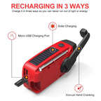 Hand crank radio with diagrams of solar, USB and crank charging