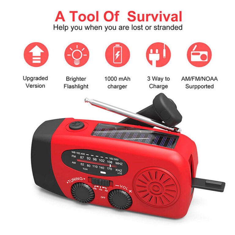Hand crank radio surrounded by illustrated feature icons