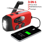 Hand crank radio pictured beside a charging phone with feature text