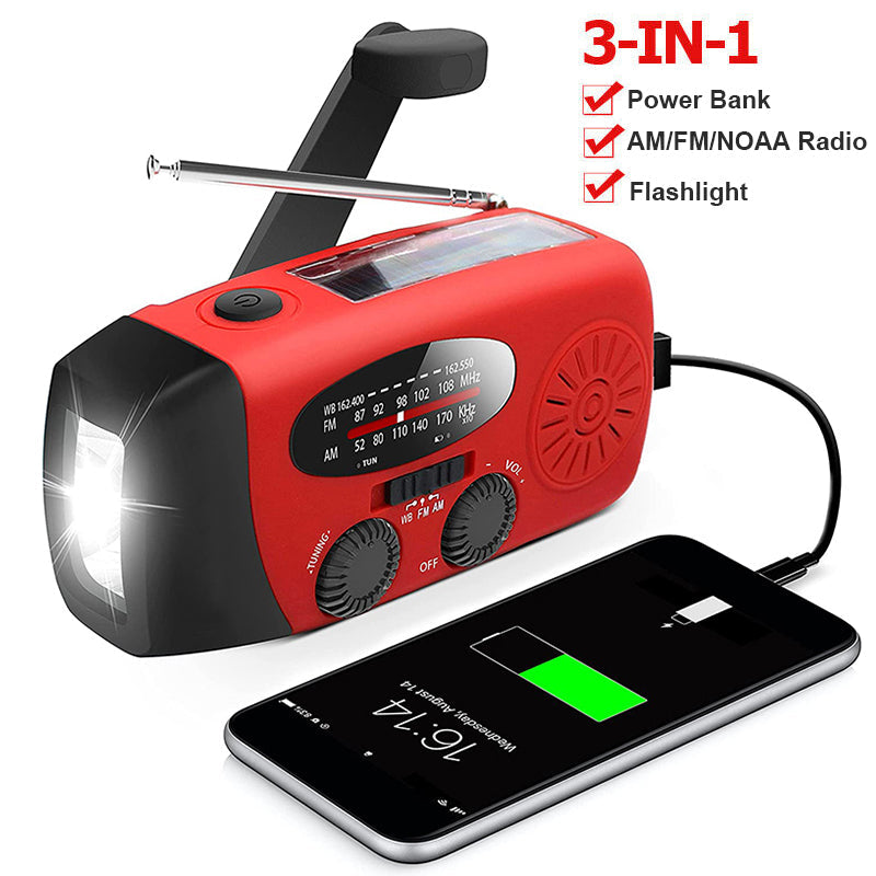 Hand crank radio pictured beside a charging phone with feature text