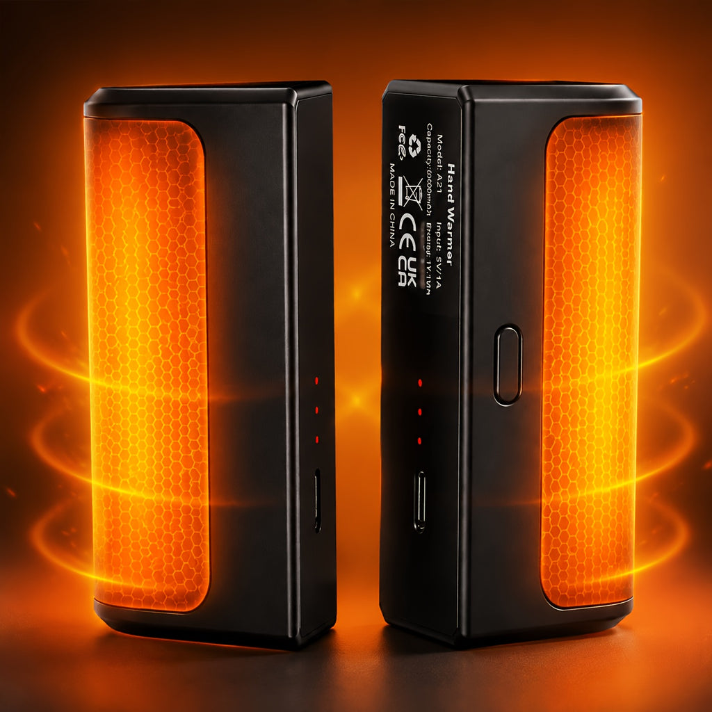 Black hand warmers with illustrated orange heat and charging ports.