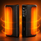 Black hand warmers with illustrated orange heat and charging ports.