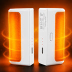White hand warmers with illustrated orange heat and charging ports.