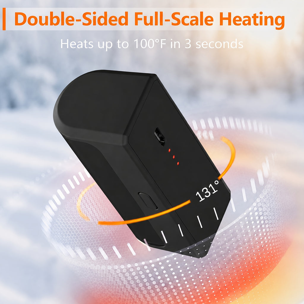 Hand warmers closeup showing a side button and charging port with heating graphics.