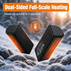 Black hand warmers above a snowy landscape with heating illustrations.