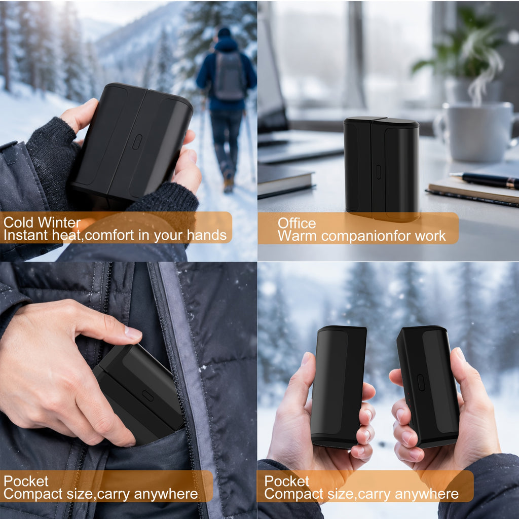 Hand warmers shown in a pocket, hands and an office scene.