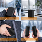 Hand warmers shown in a pocket, hands and an office scene.