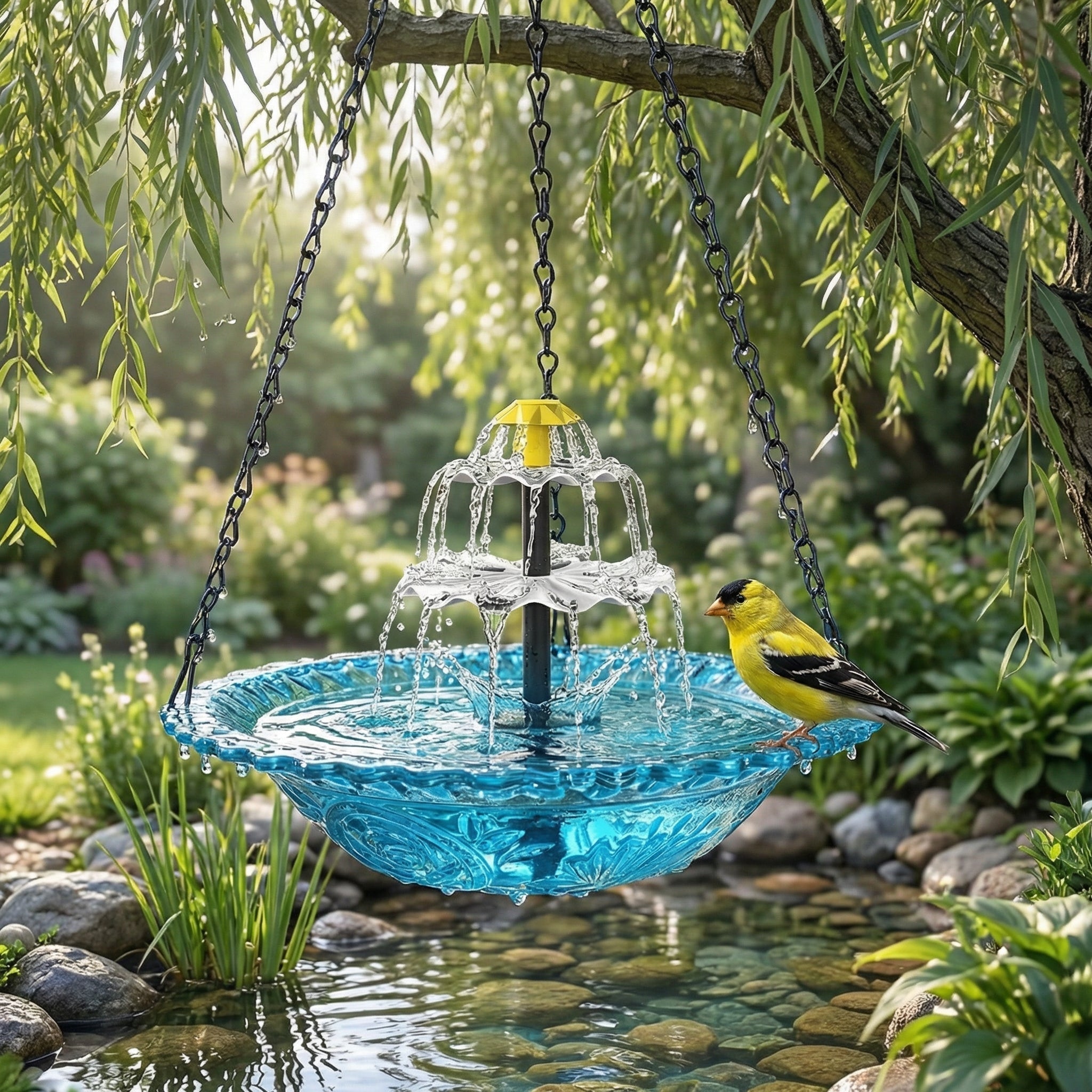 Blue hanging bird bath with solar fountain suspended in a garden.