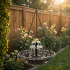 Black hanging bird bath with solar fountain in a garden.