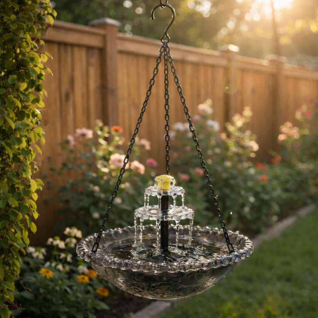Black hanging bird bath with solar fountain in a garden.