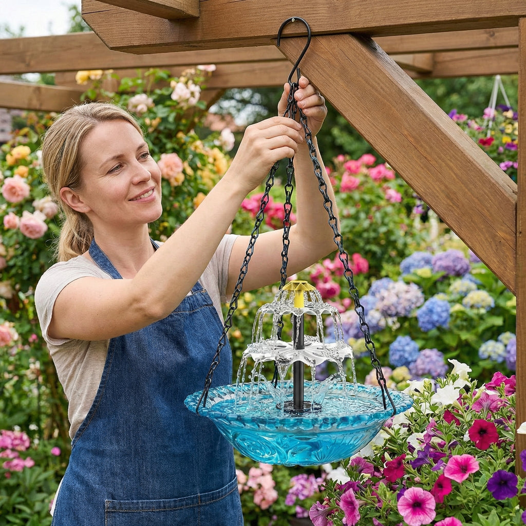 Woman hanging a blue solar fountain bird bath beneath a pergola.
