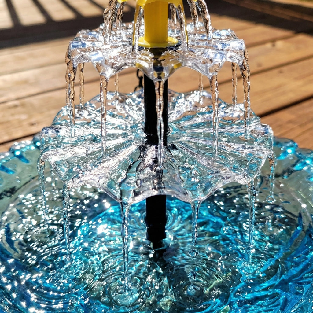 Close view of water flowing through the hanging bird bath fountain.