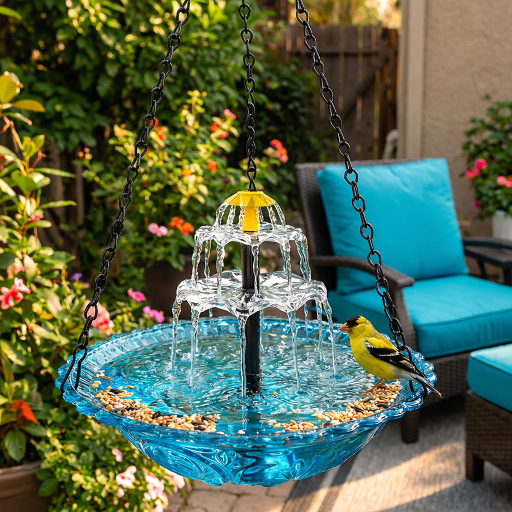 Blue hanging bird bath positioned beside outdoor seating.