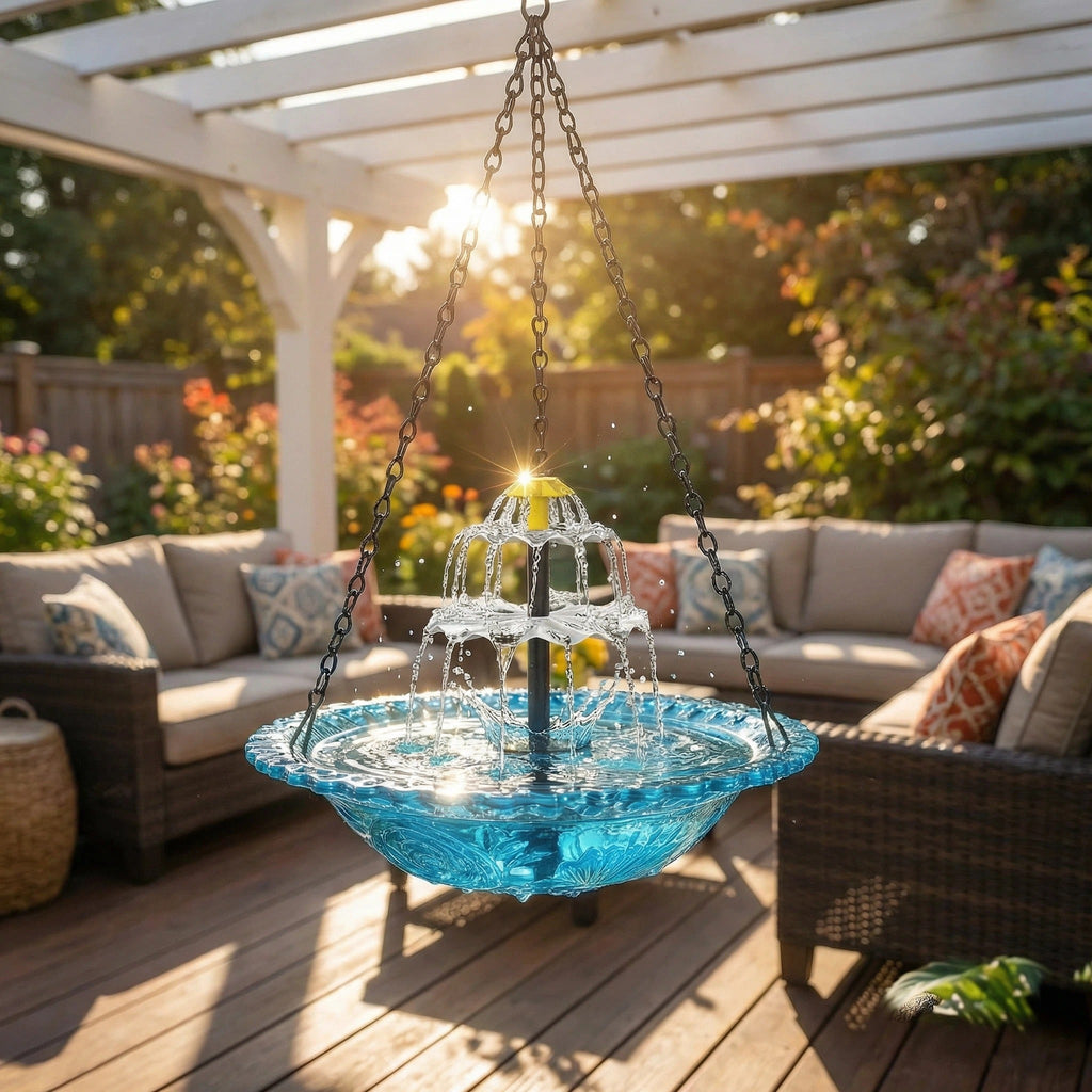 Blue hanging bird bath suspended over a patio seating area.