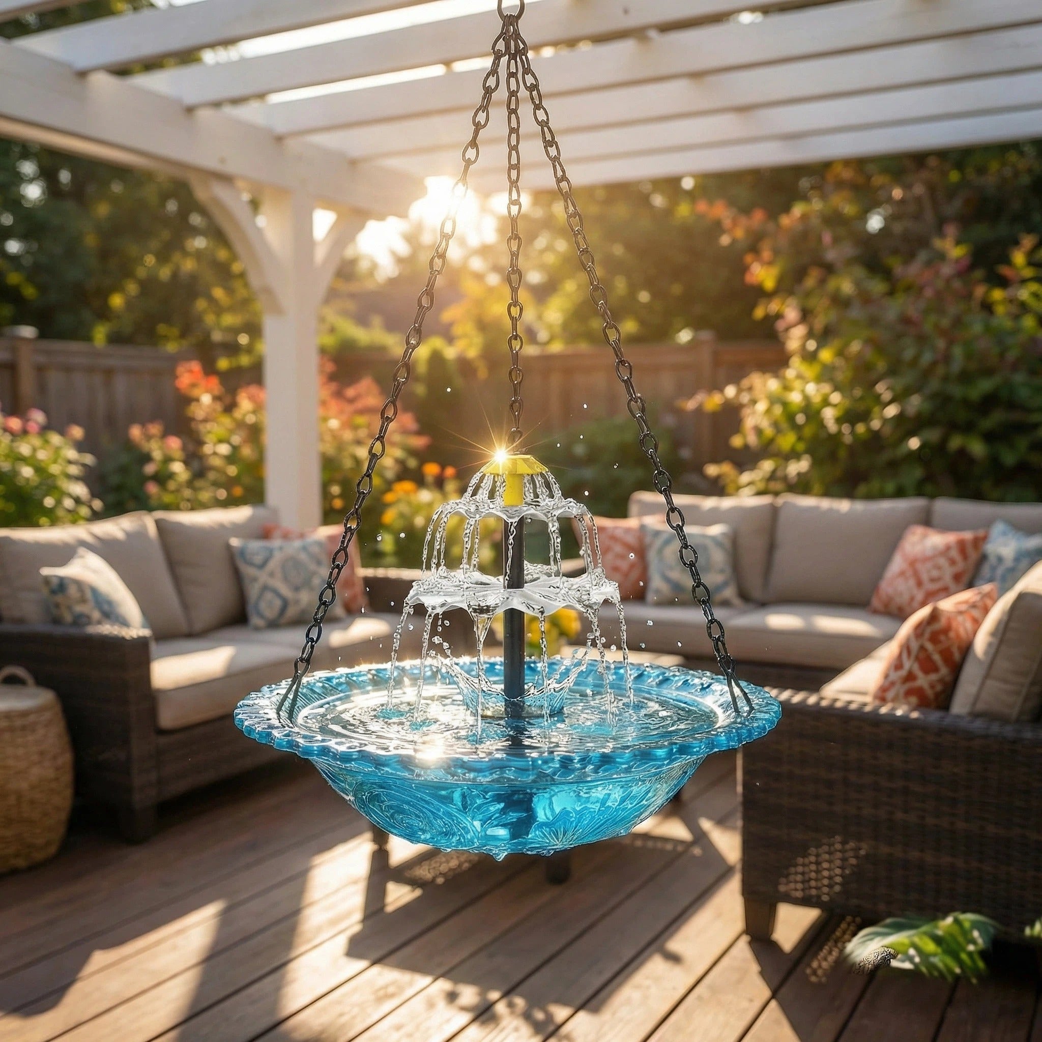 Blue hanging bird bath suspended over a patio seating area.