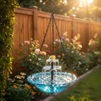 Blue solar fountain bird bath hanging near a garden fence.