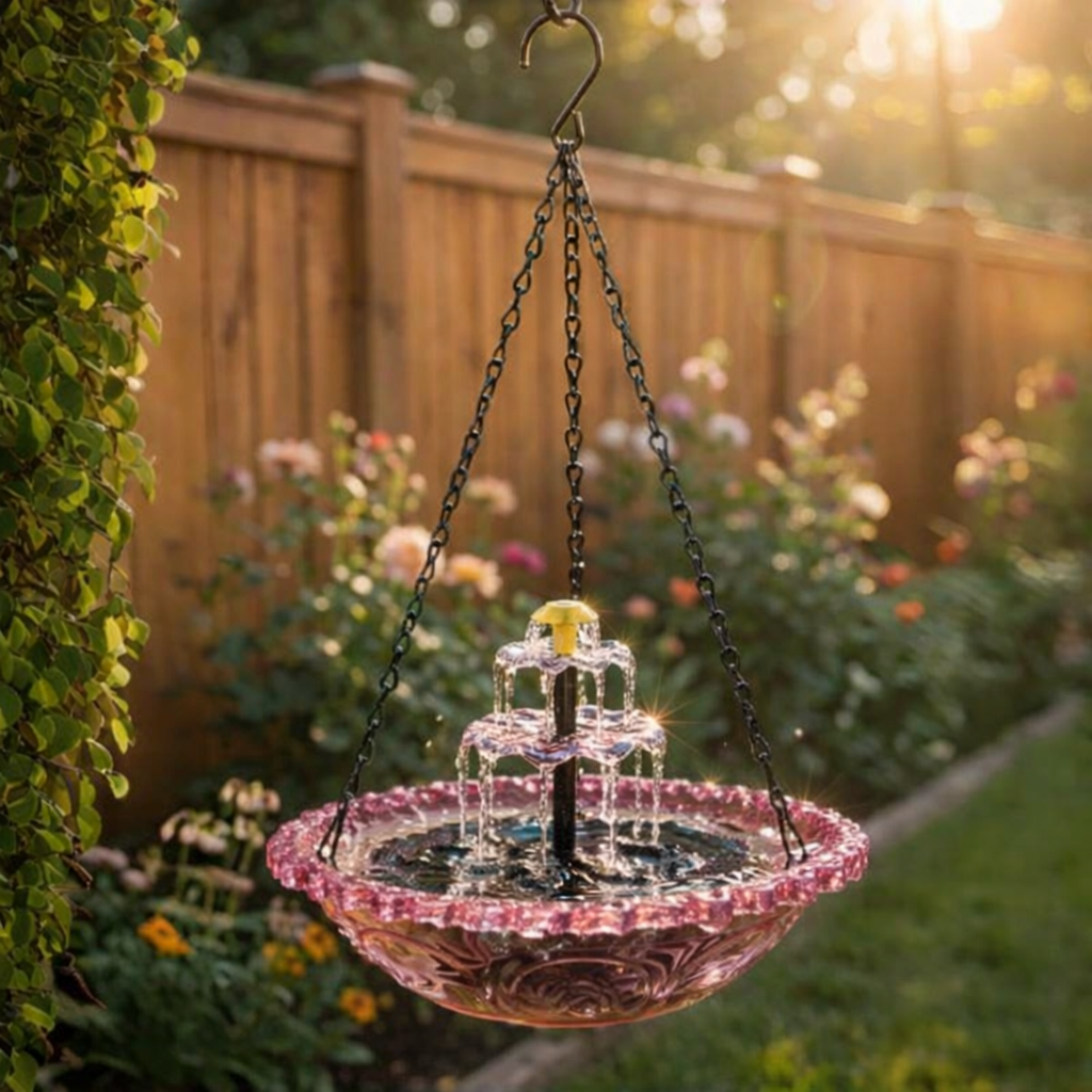 Pink hanging bird bath with solar fountain in a garden.
