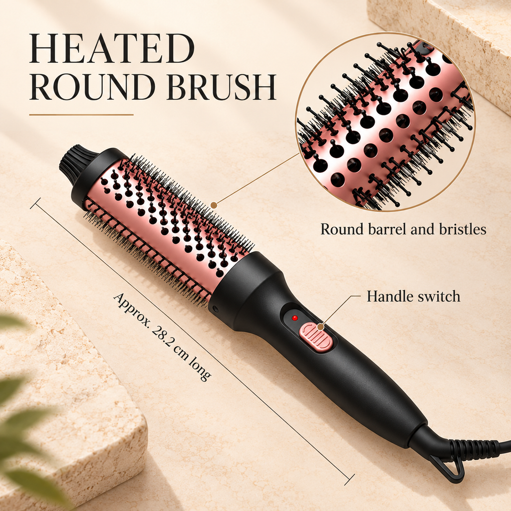 Heated round brush with bristle detail switch and length information