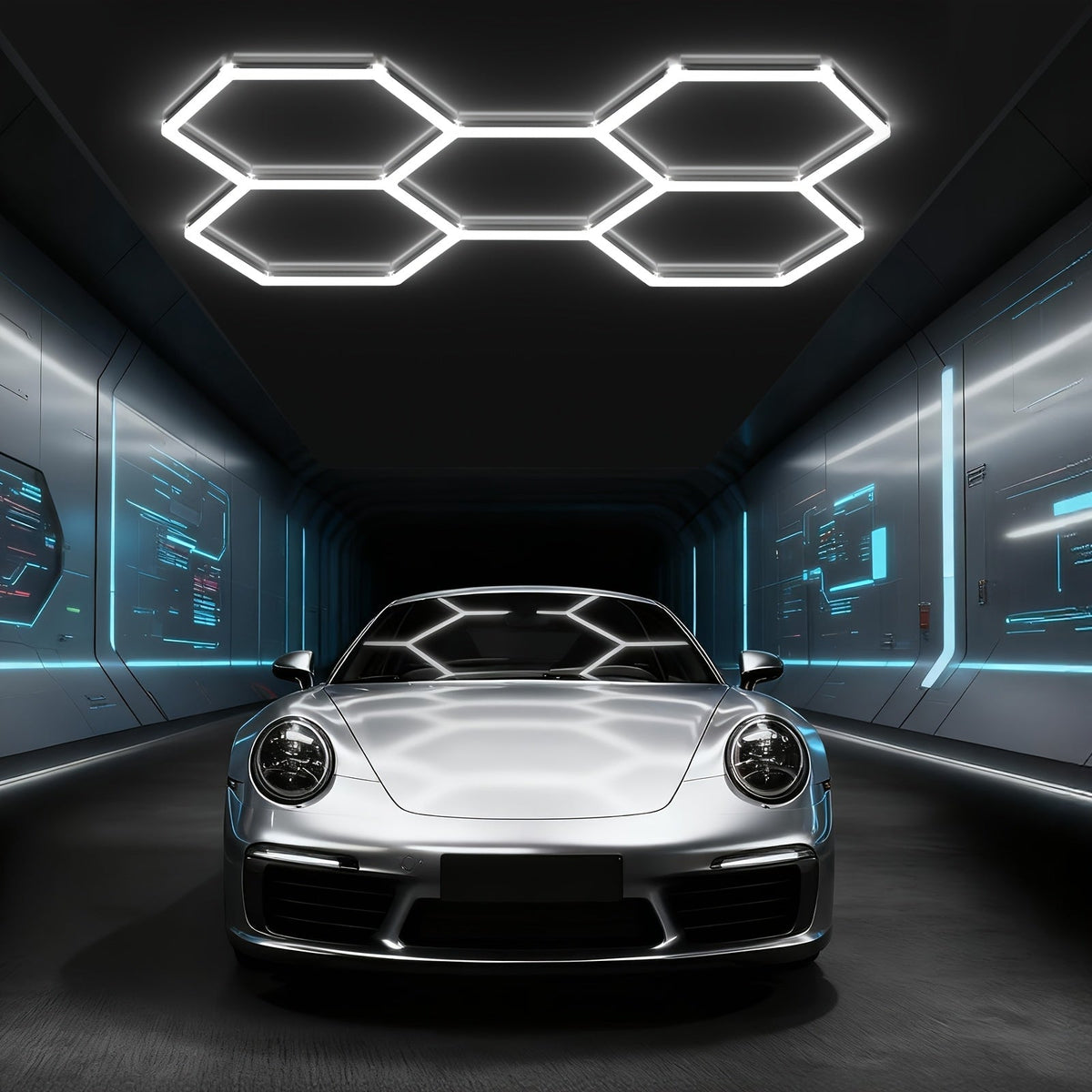 Hexagon LED garage light with five connected grids above a silver car.