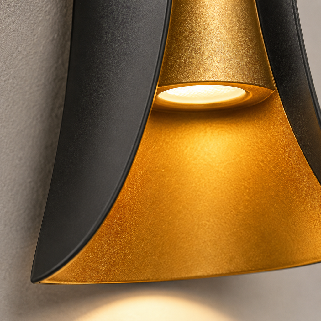 Close-up of the outdoor wall sconce showing the gold inner shade, black curved edge, and light opening.