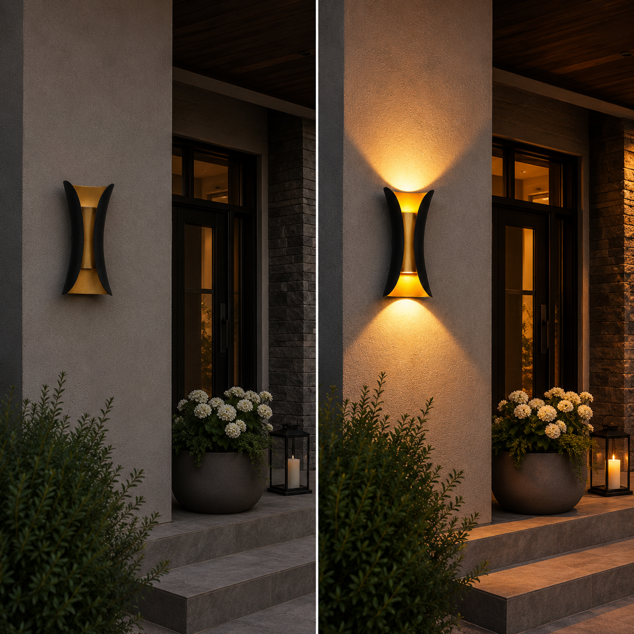 Split view of an outdoor wall sconce unlit and lit beside a front entry at night.