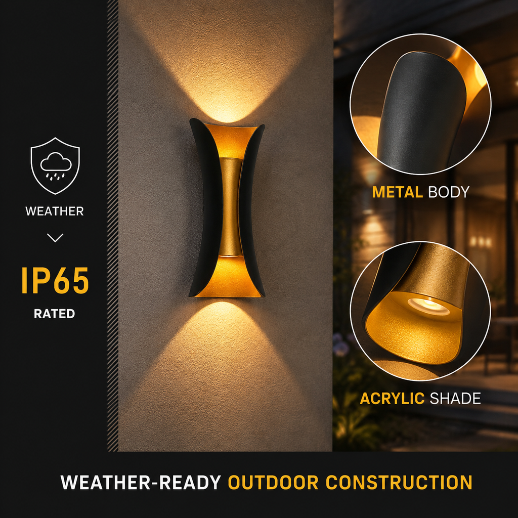 Outdoor wall sconce infographic with IP65, metal body, and acrylic shade labels beside a lit fixture.