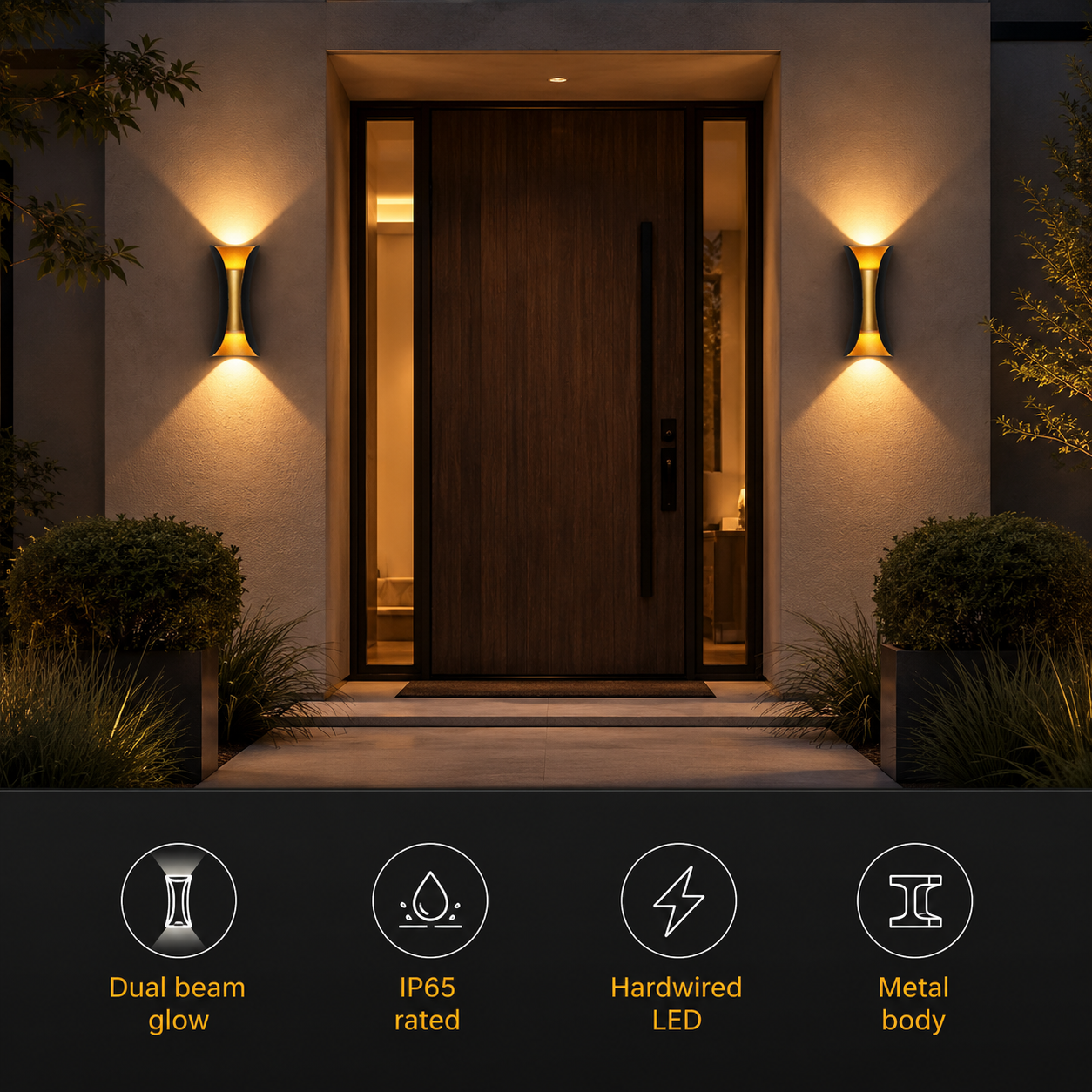 Two outdoor wall sconces framing a modern front door, with feature icons along the bottom.