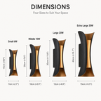 Dimension chart showing four sizes of the black and gold outdoor wall sconce.