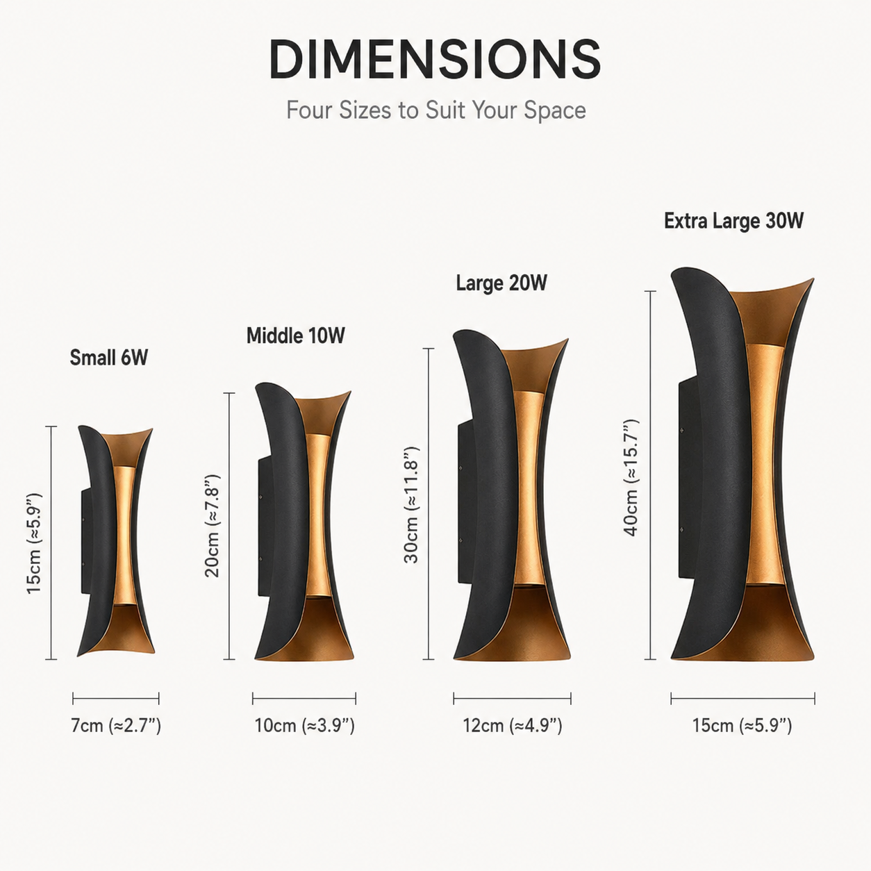 Dimension chart showing four sizes of the black and gold outdoor wall sconce.
