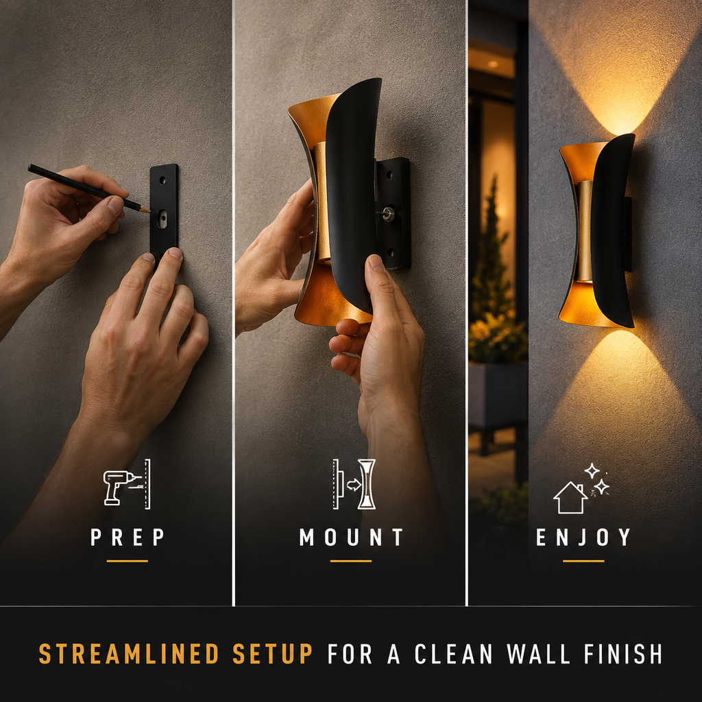 Three-panel setup graphic for the outdoor wall sconce with peel, mount, and illuminated wall views.