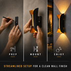 Three-panel setup graphic for the outdoor wall sconce with peel, mount, and illuminated wall views.