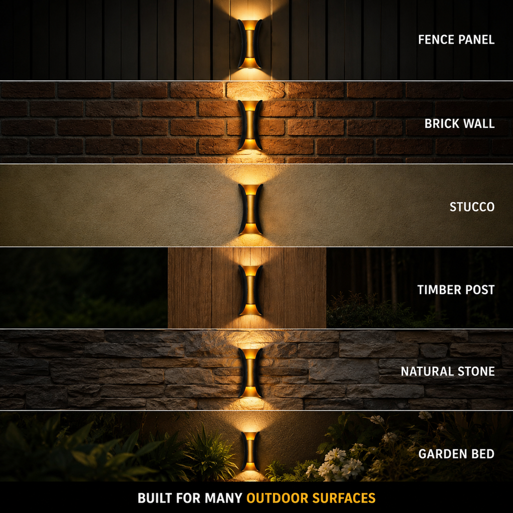 Outdoor wall sconce shown illuminated across six different wall and outdoor surface examples.