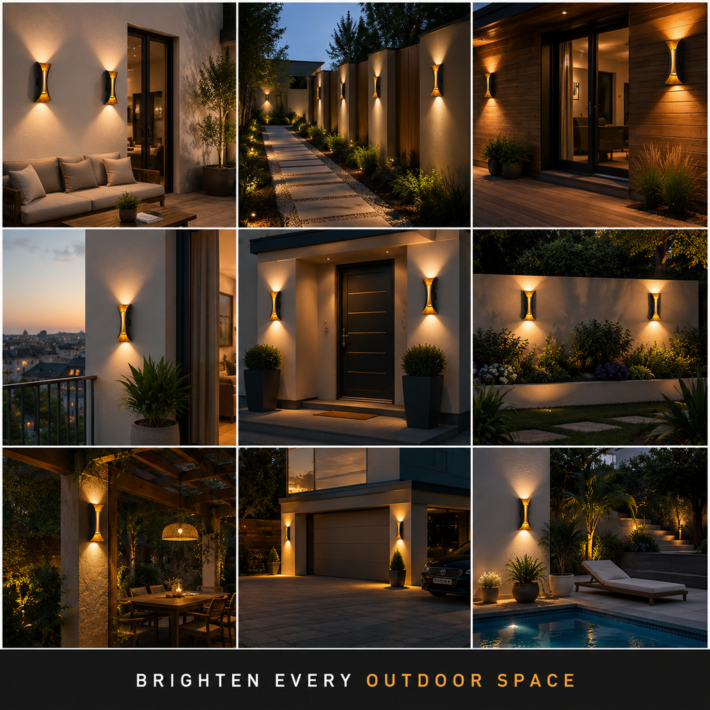 Collage showing the outdoor wall sconce lighting patios, entrances, pathways, gardens, and house walls at night.