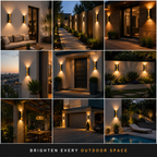 Collage showing the outdoor wall sconce lighting patios, entrances, pathways, gardens, and house walls at night.