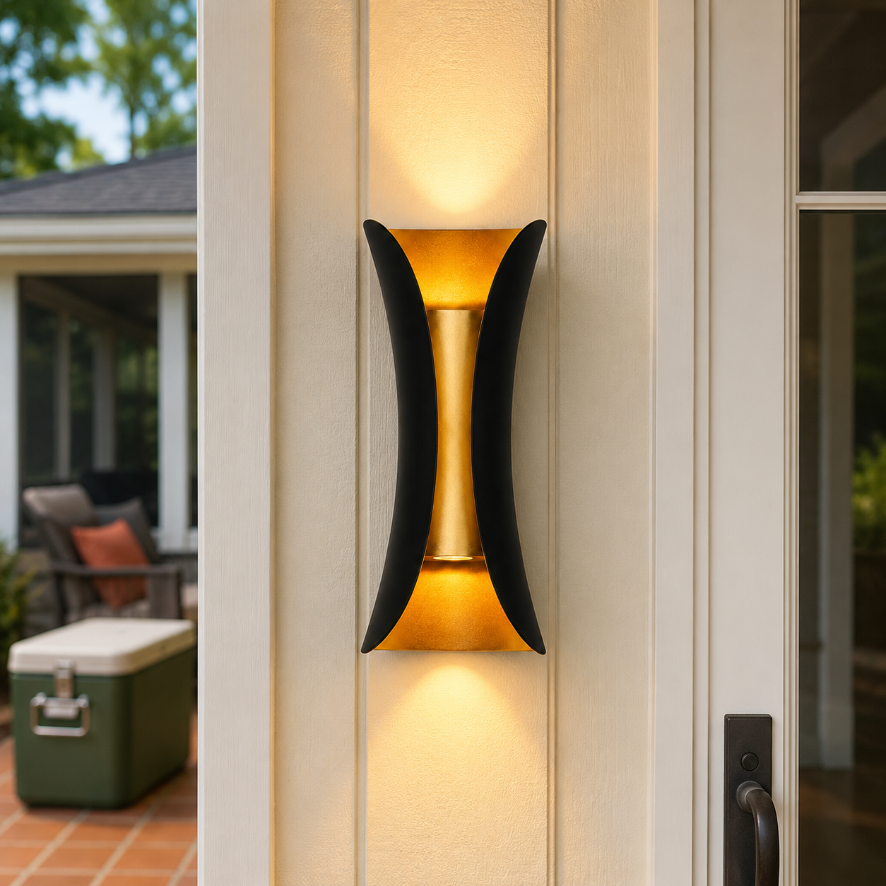 Black and gold outdoor wall sconce glowing on a cream wall beside a glass patio door.