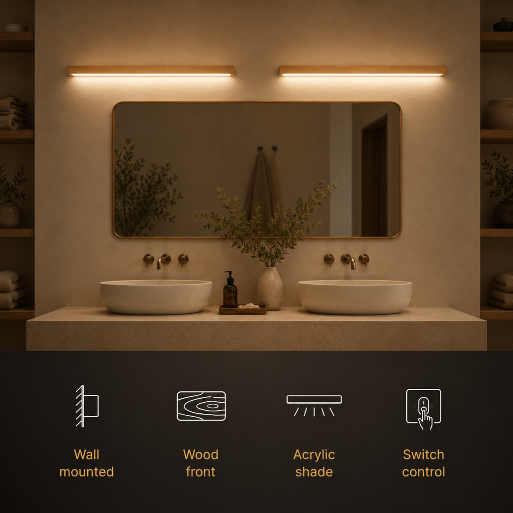 Wall sconce glowing above a bathroom mirror with four feature icons along the bottom.