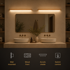 Wall sconce glowing above a bathroom mirror with four feature icons along the bottom.