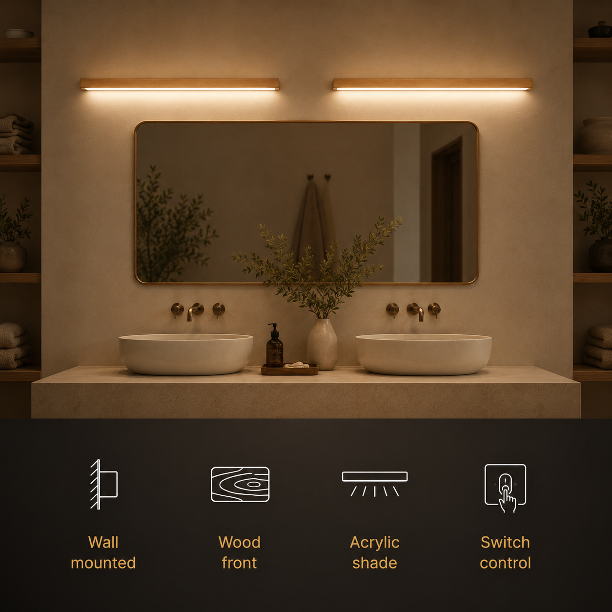 Wall sconce glowing above a bathroom mirror with four feature icons along the bottom.