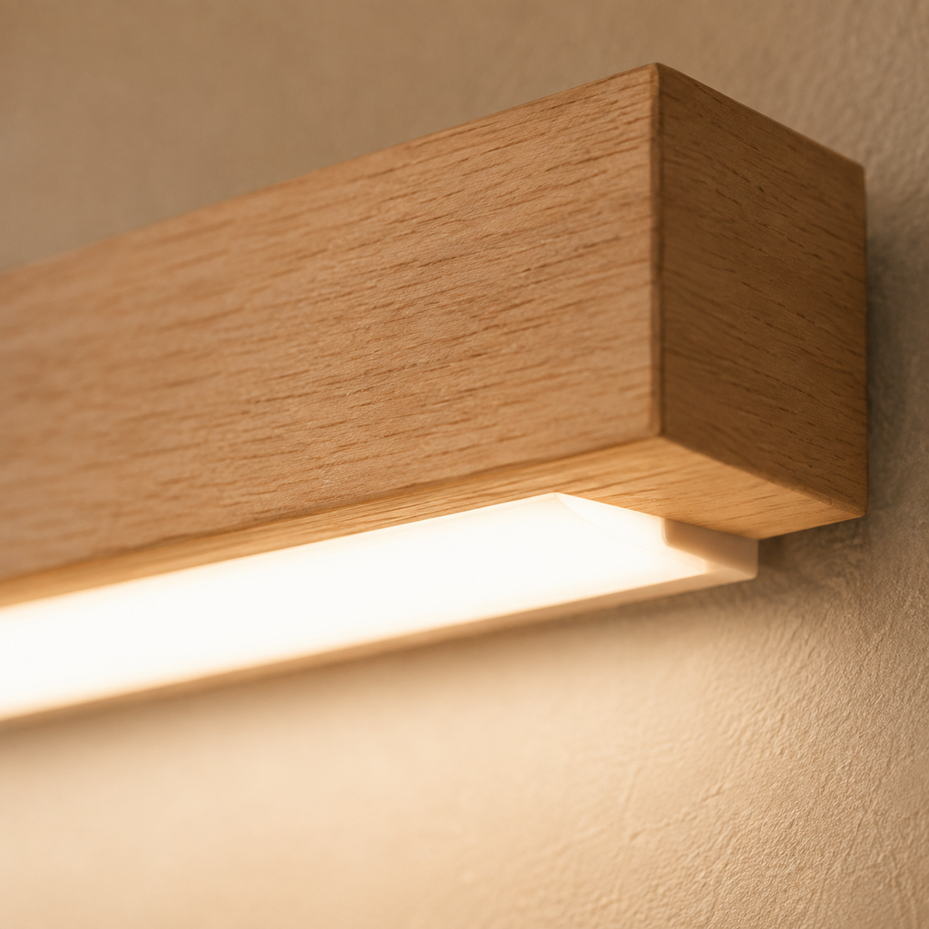 Close-up of a wooden wall sconce glowing against a textured neutral wall.