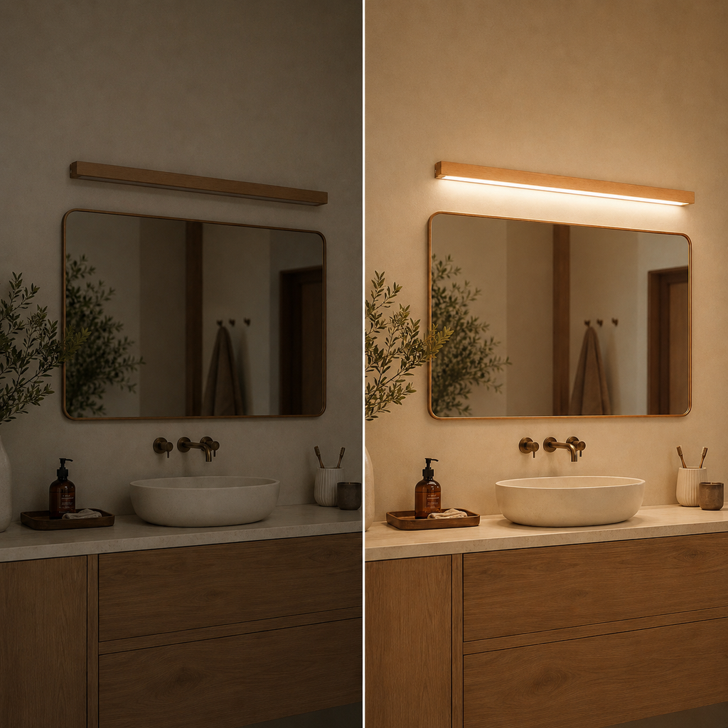 Wall sconce shown in side-by-side bathroom views with the light off and on.