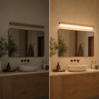 Wall sconce shown in side-by-side bathroom views with the light off and on.