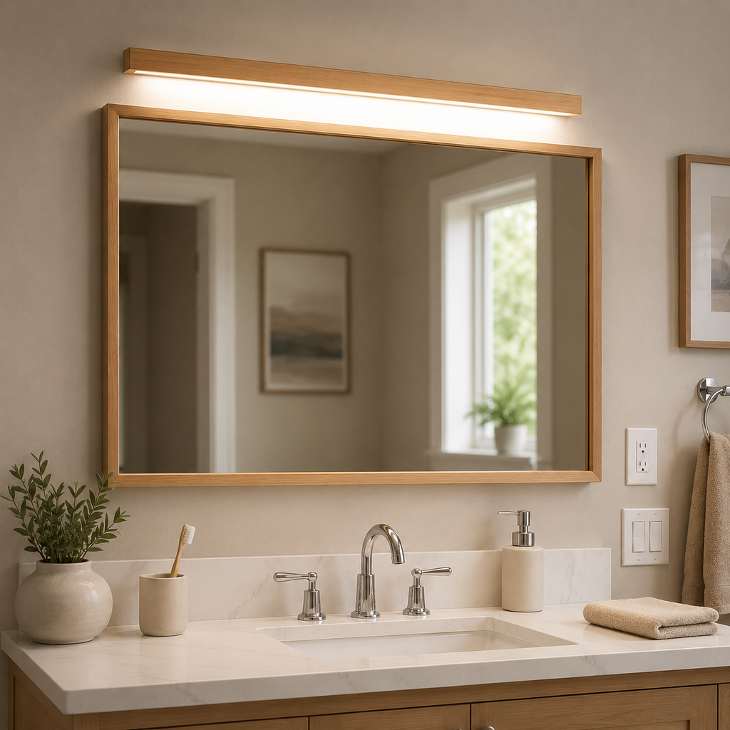 Wooden wall sconce glowing above a rectangular bathroom mirror and white vanity.
