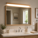 Wooden wall sconce glowing above a rectangular bathroom mirror and white vanity.
