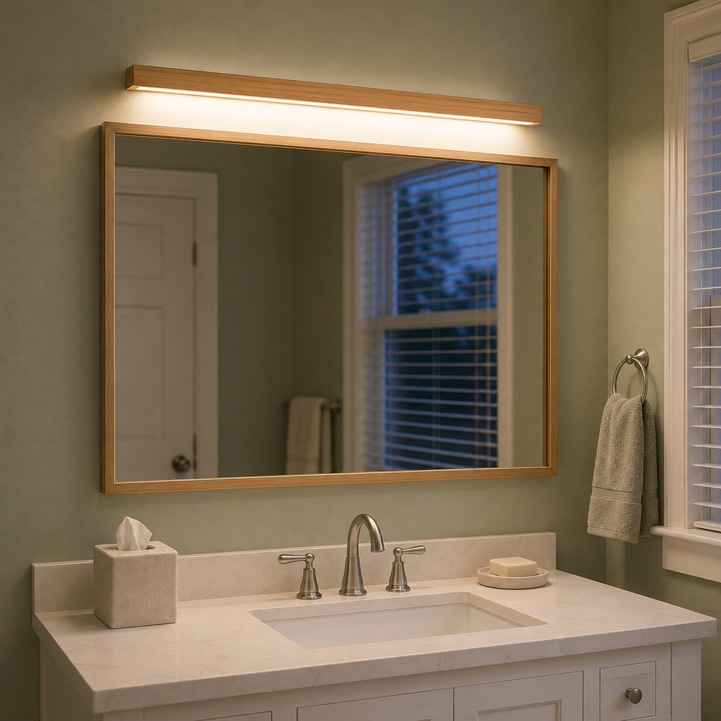 Wooden wall sconce above a bathroom mirror with a white sink and evening window view.