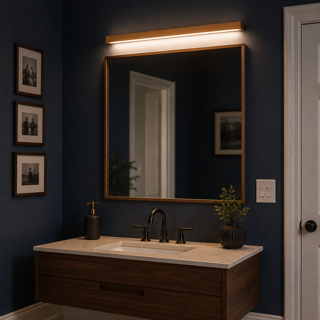 Wooden wall sconce glowing above a mirror in a dark bathroom with a wood vanity.
