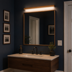 Wooden wall sconce glowing above a mirror in a dark bathroom with a wood vanity.