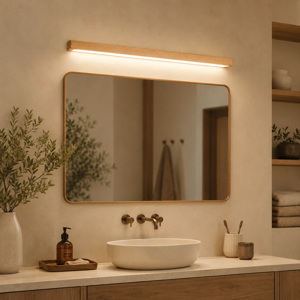 Wooden wall sconce glowing above a rounded bathroom mirror with plants and a white basin.